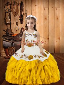 Gold Sleeveless Floor Length Embroidery and Ruffles Lace Up Kids Formal Wear