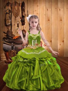 Superior Olive Green Ball Gowns Embroidery and Ruffles Kids Formal Wear Lace Up Organza Sleeveless Floor Length