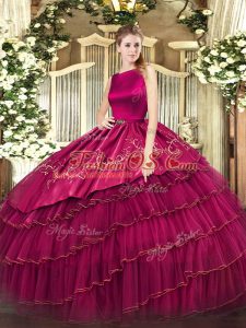 Fitting Fuchsia Organza Clasp Handle Scoop Sleeveless Floor Length Ball Gown Prom Dress Embroidery and Ruffled Layers