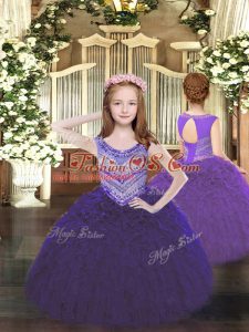 Best Purple Sleeveless Floor Length Beading and Ruffles Lace Up Kids Pageant Dress