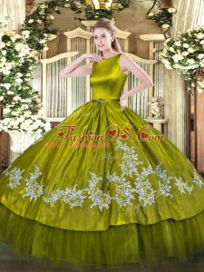 Romantic Olive Green Satin and Tulle Clasp Handle Scoop Sleeveless Floor Length Sweet 16 Quinceanera Dress Embroidery