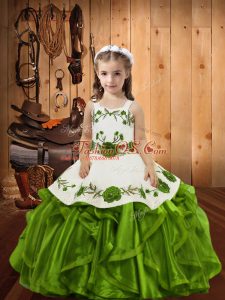 Hot Selling Straps Sleeveless Organza Little Girls Pageant Dress Embroidery and Ruffles Lace Up