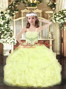High End Sleeveless Floor Length Beading and Ruffles Lace Up Evening Gowns with Yellow
