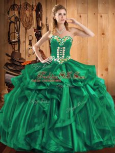 Exquisite Turquoise Ball Gowns Organza Sweetheart Sleeveless Embroidery and Ruffles Floor Length Lace Up Sweet 16 Dresses