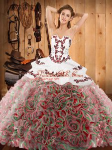 Dynamic Multi-color Ball Gowns Strapless Sleeveless Satin and Fabric With Rolling Flowers With Train Sweep Train Lace Up Embroidery 15th Birthday Dress