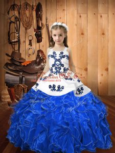 Customized Blue Sleeveless Floor Length Embroidery and Ruffles Lace Up Little Girls Pageant Dress