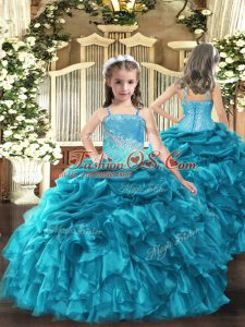 Exquisite Teal Sleeveless Organza Lace Up Little Girl Pageant Gowns for Sweet 16 and Quinceanera and Wedding Party