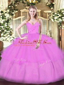 Edgy Lilac Sleeveless Floor Length Ruffled Layers Zipper Quince Ball Gowns