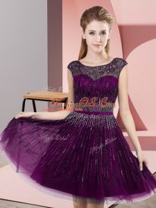 Charming Sleeveless Tulle Knee Length Backless Homecoming Dress in Dark Purple with Beading