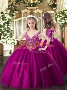 Fuchsia Lace Up V-neck Beading Custom Made Pageant Dress Tulle Sleeveless