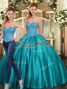 Sexy Sweetheart Sleeveless Lace Up Sweet 16 Quinceanera Dress Teal Tulle