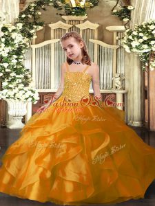 Excellent Orange Sleeveless Floor Length Beading and Ruffles Lace Up Little Girls Pageant Gowns