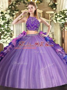Multi-color Quinceanera Gown Military Ball and Sweet 16 and Quinceanera with Beading and Ruffles High-neck Sleeveless Zipper