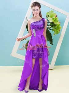 Custom Design Sleeveless High Low Beading and Sequins Lace Up with Eggplant Purple
