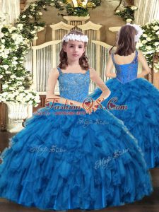 Blue Ball Gowns Organza Straps Sleeveless Beading and Ruffles Floor Length Lace Up Pageant Gowns
