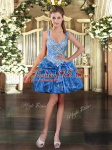 Clearance Blue Sleeveless Organza Lace Up Prom Gown for Prom and Party