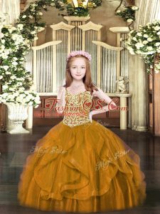 Brown Lace Up Pageant Dress for Girls Beading and Ruffles Sleeveless Floor Length