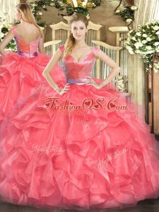 Coral Red Zipper Quinceanera Gowns Beading and Ruffles Sleeveless Floor Length