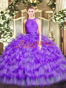 Low Price Eggplant Purple Organza Zipper Scoop Sleeveless Floor Length Sweet 16 Dresses Ruffled Layers