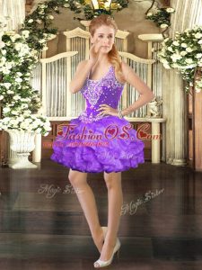 Free and Easy Straps Sleeveless Prom Party Dress Mini Length Beading and Ruffles Eggplant Purple Organza