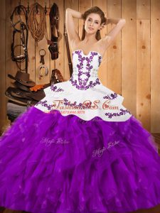 Excellent Sleeveless Satin and Organza Floor Length Lace Up Quinceanera Gown in Eggplant Purple with Embroidery and Ruffles