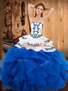 Embroidery and Ruffles Quinceanera Dress Blue Lace Up Sleeveless Floor Length
