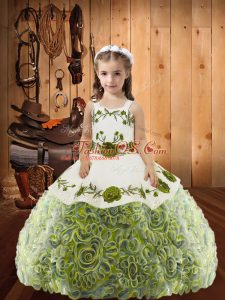 New Arrival Straps Sleeveless Pageant Gowns For Girls Floor Length Embroidery and Ruffles Multi-color Fabric With Rolling Flowers