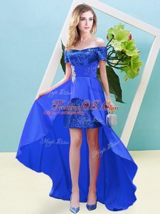 Short Sleeves Elastic Woven Satin and Sequined Ankle Length Lace Up Prom Dress in Blue with Beading