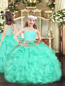 Floor Length Turquoise Little Girl Pageant Dress Organza Sleeveless Beading and Lace and Ruffles