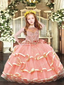 Customized Watermelon Red Organza Zipper Scoop Sleeveless Floor Length Girls Pageant Dresses Beading and Ruffled Layers