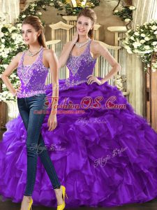 Unique Eggplant Purple Sleeveless Floor Length Beading and Ruffles Lace Up 15th Birthday Dress