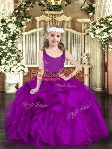 Fuchsia Ball Gowns Organza Scoop Sleeveless Beading and Ruffles Floor Length Zipper Pageant Dresses