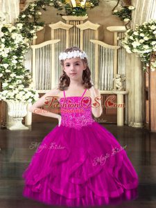Fuchsia Sleeveless Beading and Ruffles Floor Length Kids Pageant Dress