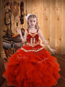 Customized Organza Straps Sleeveless Lace Up Embroidery and Ruffles Glitz Pageant Dress in Coral Red