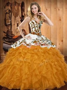 Gold Lace Up Sweetheart Embroidery and Ruffles Vestidos de Quinceanera Satin and Organza Sleeveless