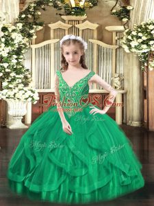 Customized Turquoise Ball Gowns Tulle V-neck Sleeveless Beading and Ruffles Floor Length Lace Up Little Girls Pageant Dress Wholesale
