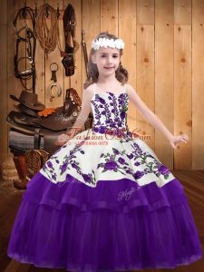 Sleeveless Organza Floor Length Lace Up Kids Pageant Dress in Purple with Embroidery