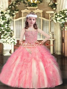 Cheap Watermelon Red Tulle Lace Up Little Girl Pageant Dress Sleeveless Floor Length Beading and Ruffles