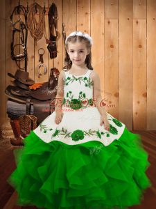 Green Straps Neckline Embroidery and Ruffles Little Girls Pageant Dress Wholesale Sleeveless Lace Up