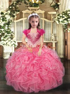 Graceful Coral Red Ball Gowns Organza Straps Sleeveless Beading and Ruffles Floor Length Lace Up Kids Pageant Dress