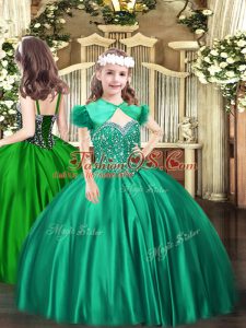 Floor Length Lace Up Little Girl Pageant Dress Turquoise for Party and Quinceanera with Beading