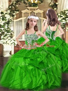 Green Ball Gowns Straps Sleeveless Organza Floor Length Lace Up Appliques and Ruffles Girls Pageant Dresses