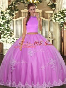 Classical Lilac Backless 15th Birthday Dress Beading and Appliques Sleeveless Floor Length