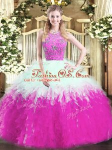Superior Multi-color Tulle Zipper Quince Ball Gowns Sleeveless Floor Length Beading and Ruffles