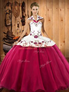 Hot Pink Sleeveless Floor Length Embroidery Lace Up 15 Quinceanera Dress