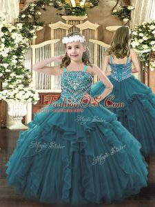 Fashion Organza Straps Sleeveless Lace Up Beading and Ruffles Little Girl Pageant Gowns in Teal