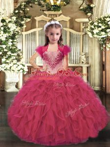 Ball Gowns Little Girls Pageant Gowns Hot Pink Straps Organza Sleeveless Floor Length Lace Up
