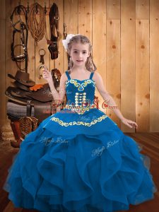 Sleeveless Organza Floor Length Lace Up Little Girl Pageant Dress in Blue with Embroidery and Ruffles