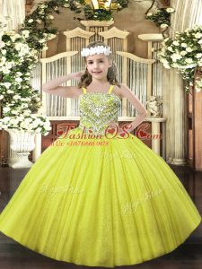 Yellow Lace Up Little Girls Pageant Gowns Beading Sleeveless Floor Length