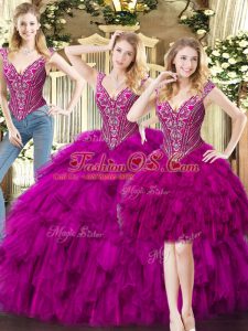 Fancy Fuchsia Lace Up V-neck Beading and Ruffles Quinceanera Dresses Organza Sleeveless